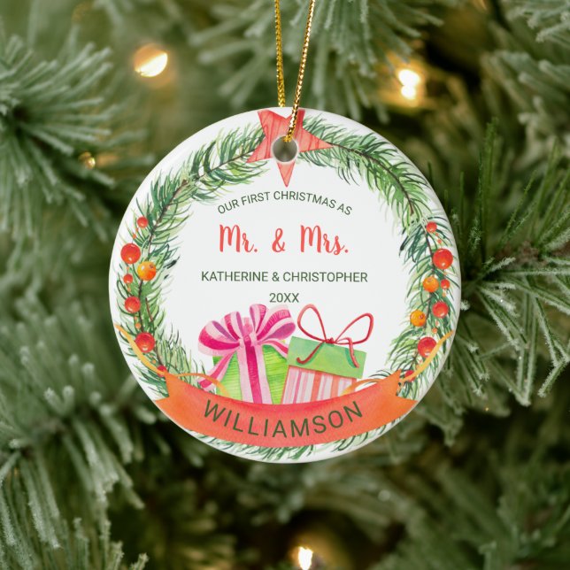 Our First Christmas Mr. & Mrs. | Pretty Wreath Ceramic Ornament (Tree)