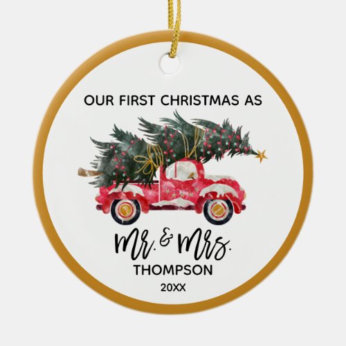 Our First Christmas Mr Mrs Red Truck Photo Ceramic Ornament