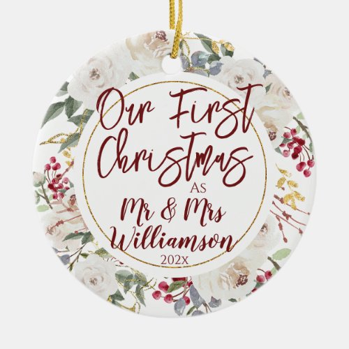 Our First Christmas Mr  Mrs Rose Wreath Ceramic Ornament