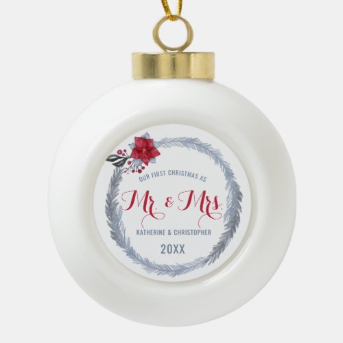 Our First Christmas Mr  Mrs Silver Poinsettia  Ceramic Ball Christmas Ornament