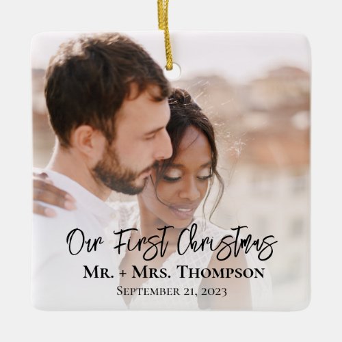 Our First Christmas Mr Mrs Wedding 2 Photo Holiday Ceramic Ornament