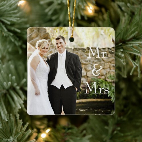 Our First Christmas Mr  Mrs Wedding Photo Ceramic Ornament