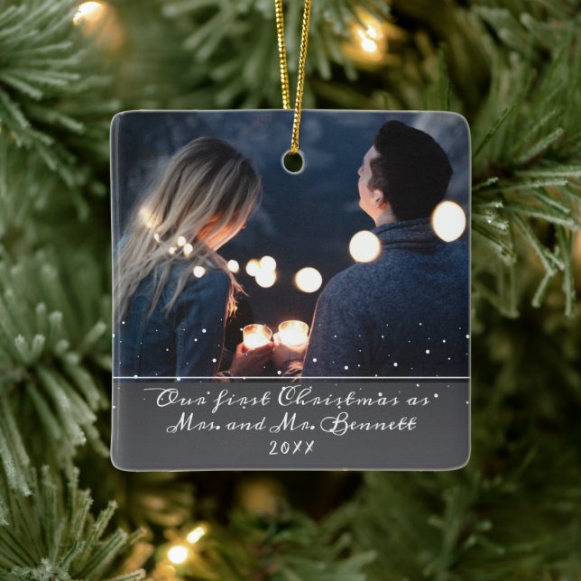Our First Christmas Mrs. & Mr. Wedding Photo Ceramic Ornament (Tree)