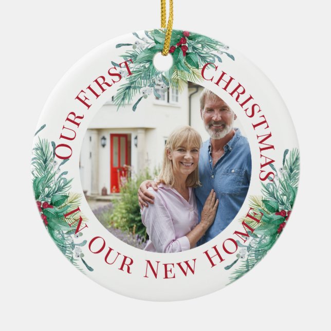 Our First Christmas New Home Custom Photo Holly Ceramic Ornament (Front)