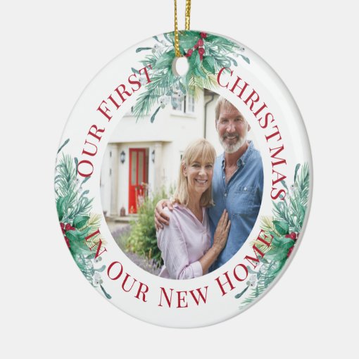 Our First Christmas New Home Custom Photo Holly Ceramic Ornament | Zazzle