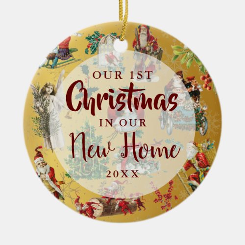 Our First Christmas New Home Vintage Retro Gold Ceramic Ornament