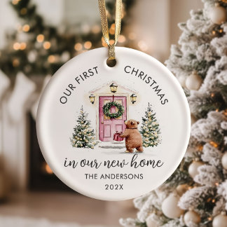 Our First Christmas New House Pink Door Ceramic Ornament
