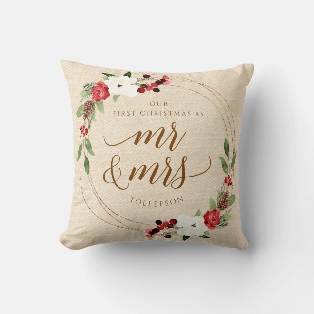 Our First Christmas Newlywed Christmas Winter Throw Pillow (Front)