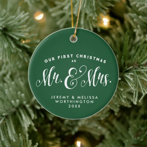 Our First Christmas newlywed green photo ornament
