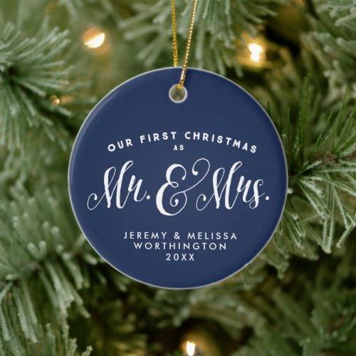 Our First Christmas newlywed navy photo ornament