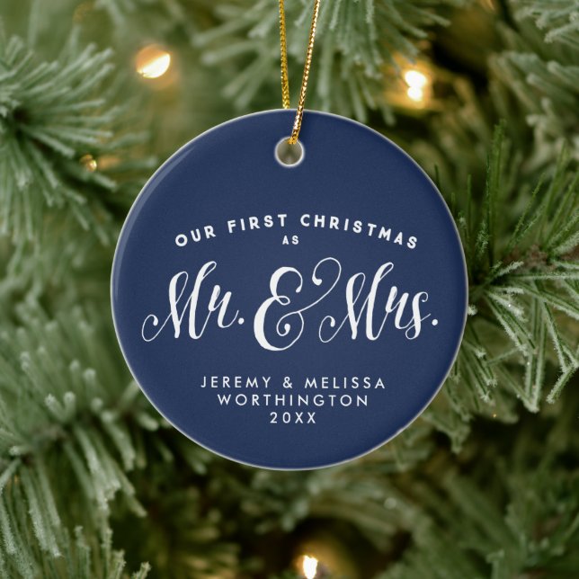 Our First Christmas newlywed navy photo ornament (Tree)