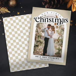 Our First Christmas Newlywed Photo Arc Checkered Holiday Card