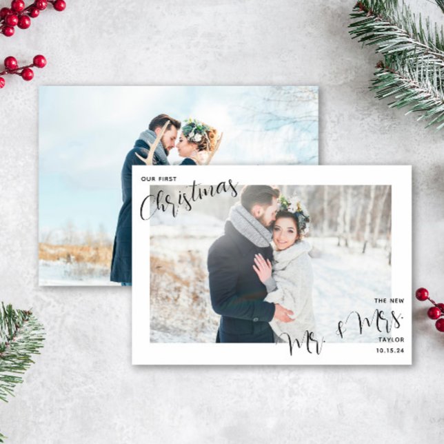 Our First Christmas Newlywed Photo  Holiday Card (Easily personalize this first Christmas as Mr. & Mrs. Card with 2 photos and your deets!)