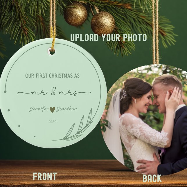 Our First Christmas Newlywed Photo Name Date Ceramic Ornament (Creator Uploaded)