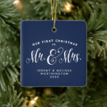 Our First Christmas newlywed photo ornament<br><div class="desc">Perfect gift for the newlyweds or your new bride or groom - a two-sided ornament featuring a spot for a photo and "our first Christmas as Mr. & Mrs." type treatment. Background color is editable by clicking "customize."</div>