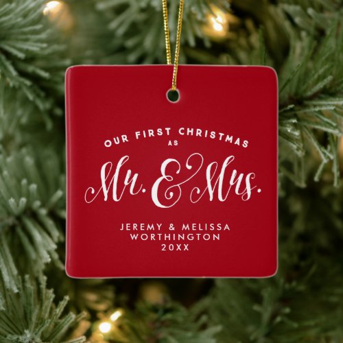 Our First Christmas newlywed red photo ornament