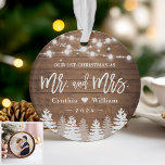Our First Christmas Newlywed Rustic Wood Pine Tree Ornament<br><div class="desc">***** Don't forget to upload your favorite photo on the back. If you don't need the photo placement, you can remove it using design tool ***** Celebrate your First Christmas Married with this Rustic Wood Look String Lights Pine Tree Photo Ornament. Adding a favorite photo and text to this rustic...</div>