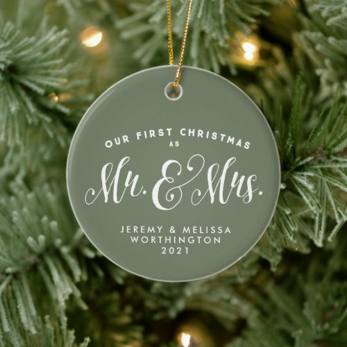 Our First Christmas newlywed sage green photo Ceramic Ornament