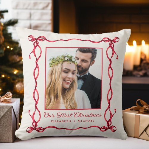 Our First Christmas Newlywed Wedding Photo Throw Pillow