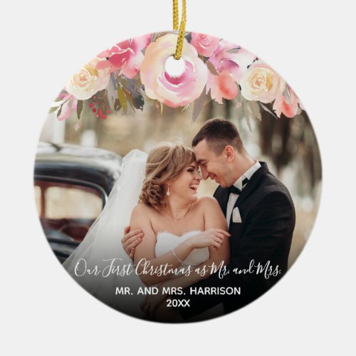 Our First Christmas Newlyweds 2 Photo Floral Ceramic Ornament