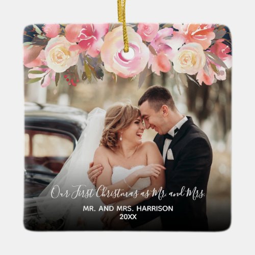 Our First Christmas Newlyweds 2 Photo Floral Ceramic Ornament