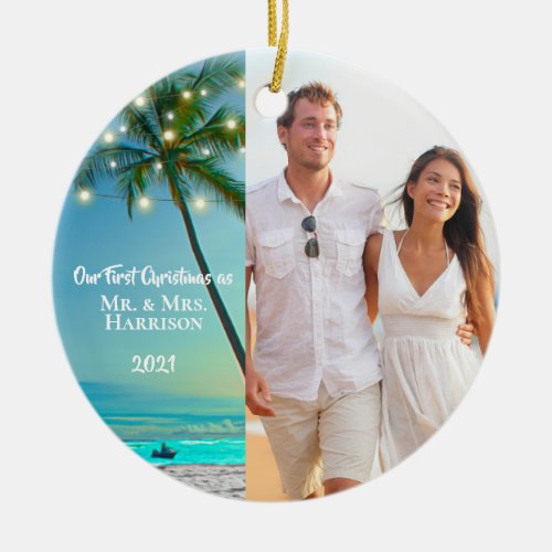Our First Christmas Newlyweds 2 Photo Tropical Ceramic Ornament