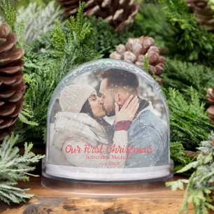 our first christmas, newlyweds couple photo snow globe