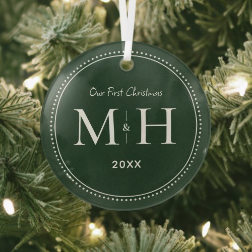 Our First Christmas Newlyweds Monogram Green Glass Ornament