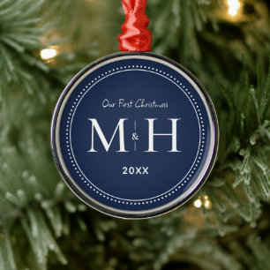Our First Christmas Newlyweds Monogram Navy Blue Metal Ornament
