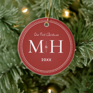 Our First Christmas Newlyweds Monogram Red Ceramic Ornament