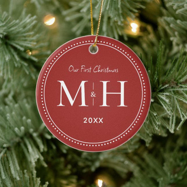 Our First Christmas Newlyweds Monogram Red Ceramic Ornament (Tree)