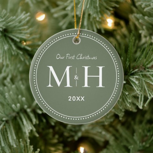 Our First Christmas Newlyweds Monogram Sage Green Ceramic Ornament