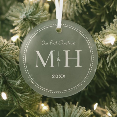 Our First Christmas Newlyweds Monogram Sage Green Glass Ornament