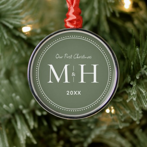 Our First Christmas Newlyweds Monogram Sage Green Metal Ornament