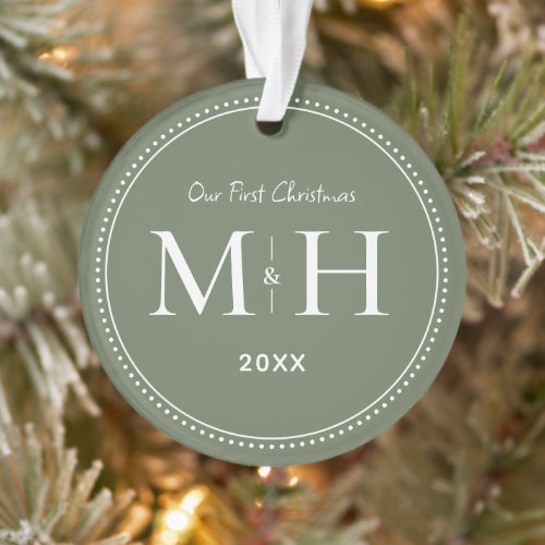 Our First Christmas Newlyweds Monogram Sage Green  Ornament