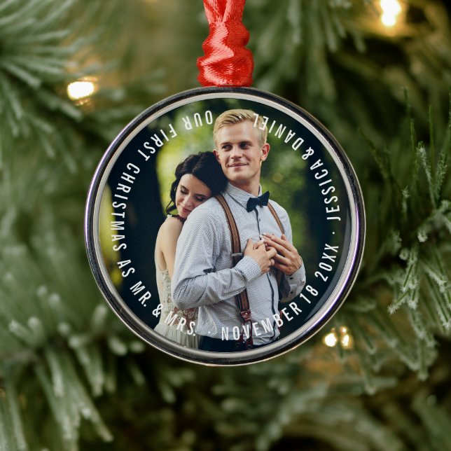 "Our First Christmas" Newlyweds Photo Metal Ornament (Tree)