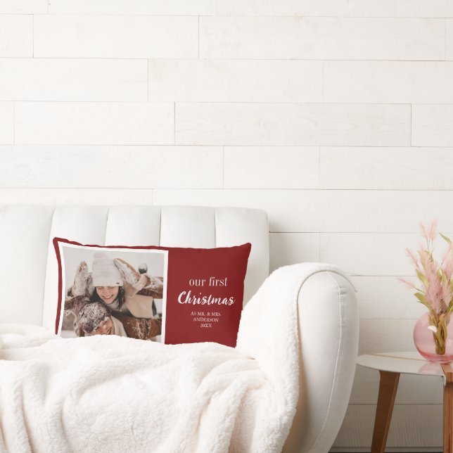 Our First Christmas Newlyweds Photo Script Red Lumbar Pillow (Couch)