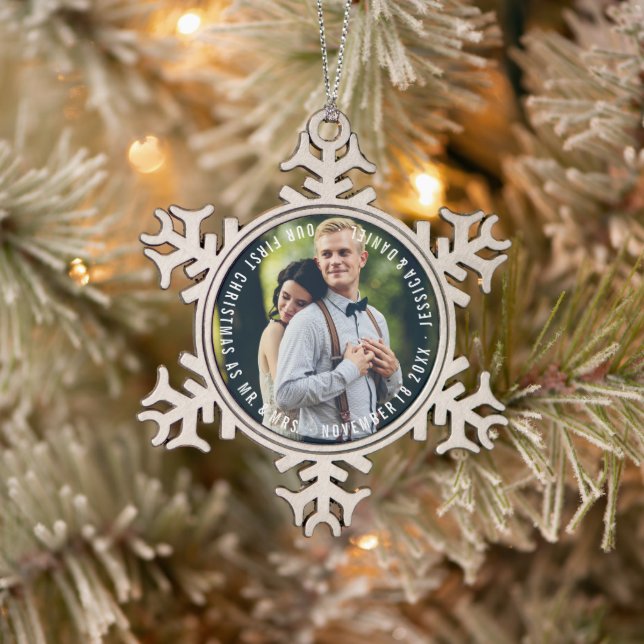 "Our First Christmas" Newlyweds Photo Snowflake Pewter Christmas Ornament (Tree)