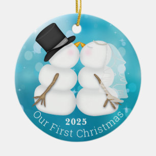 Our First Christmas Newywed Couple Snowman Photo Ceramic Ornament