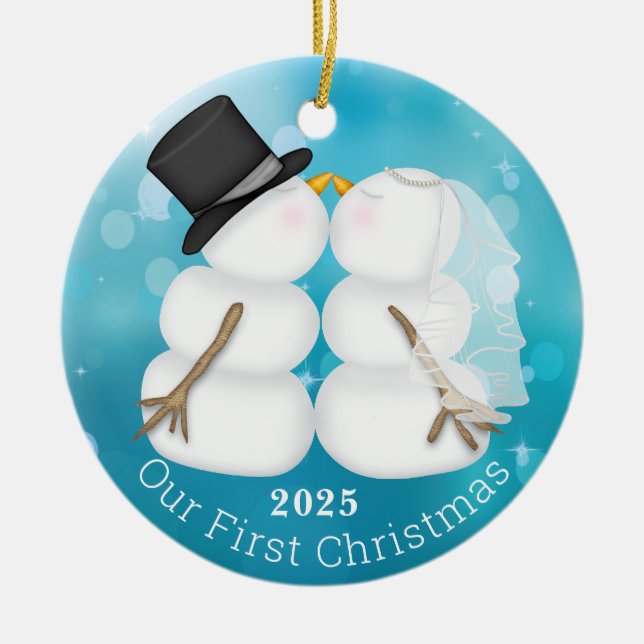  Our First Christmas Newywed Couple Snowman Photo Ceramic Ornament (Front)