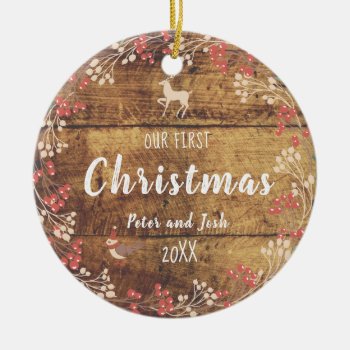 Our First Christmas Non-gender Couple Rustic Ceramic Ornament by Naokko at Zazzle