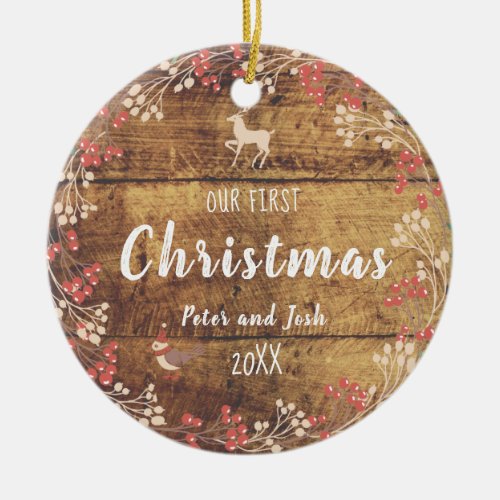 Our First Christmas non_gender couple rustic Ceramic Ornament