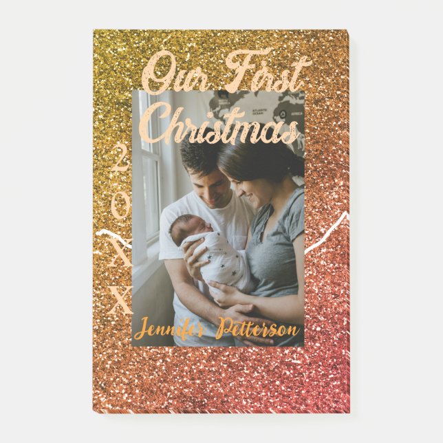 Our first Christmas orange red glitter photo year Post-it Notes (Front)