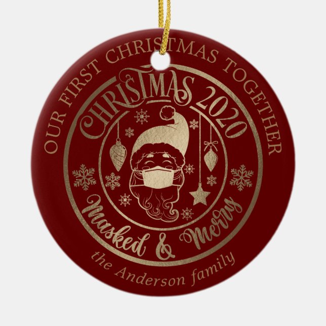 Our first Christmas pandemic masked merry photo Ceramic Ornament (Front)