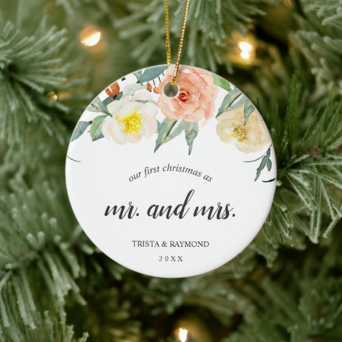 Our First Christmas Peach Floral Newlywed Photo Ceramic Ornament