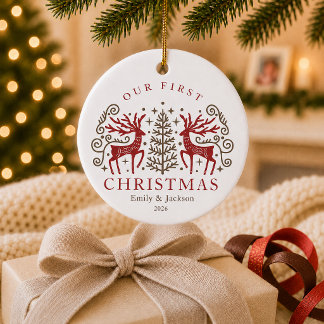 Our First Christmas Personalized Folk Reindeer Ceramic Ornament