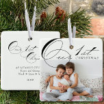 Our First Christmas Photo and Elegant Calligraphy Ceramic Ornament<br><div class="desc">Our 1st Christmas photo ornament which you can personalize with your favorite photo and custom wording on the back. Elegant typographic design lettered with Our 1st Christmas in swirly calligraphy and classic print. Easy to customize to suit many occasions such as Our 1st Christmas as a family of five or...</div>