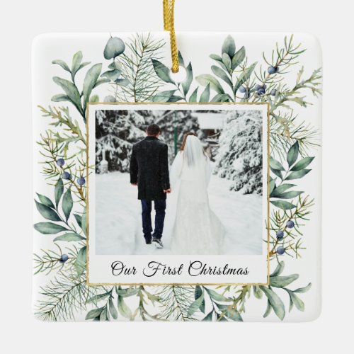 Our First Christmas Photo Elegant Winter Evergreen Ceramic Ornament