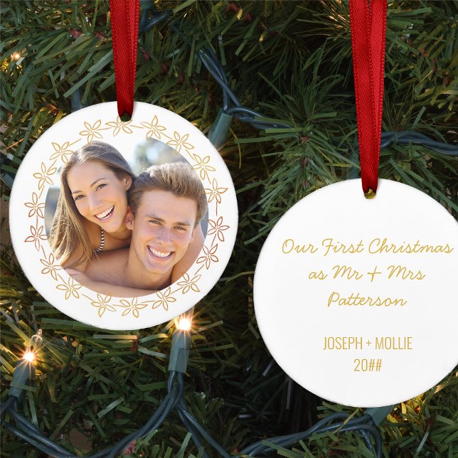 Our First Christmas Photo Gold Flower Frame Ceramic Ornament (First christmas married photo ornament - newlywed christmas gift ideas collection by Darling & May)