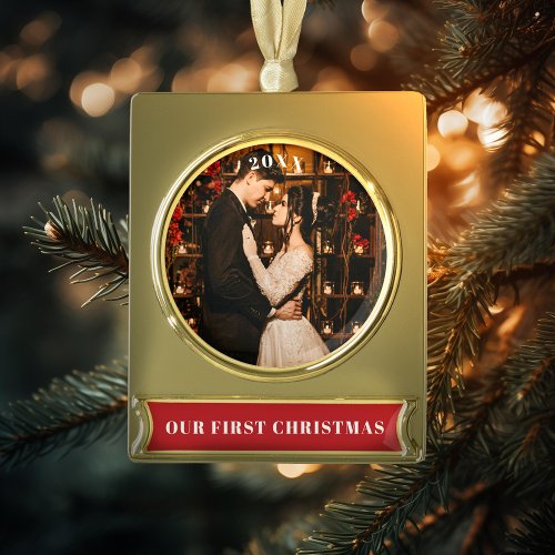 Our First Christmas Photo Gold Plated Banner Ornament